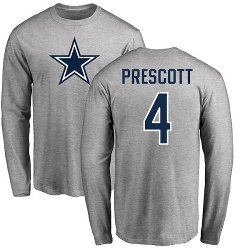 Men Dallas Cowboys Ash Dak Prescott Name and Number Logo #4 Long Sleeve Nike NFL T Shirt->nfl t-shirts->Sports Accessory